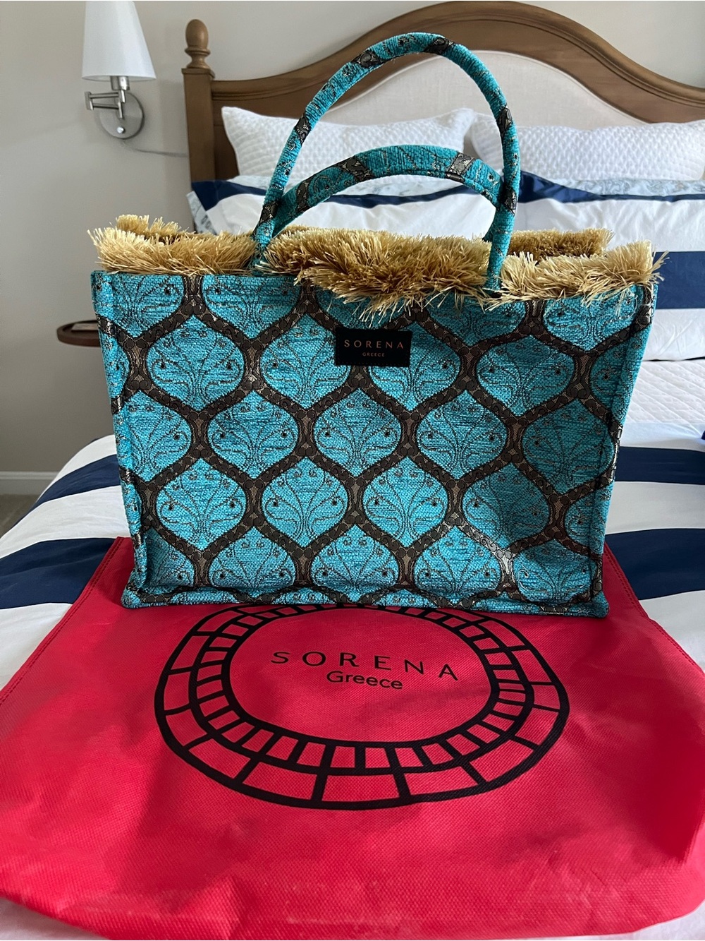Sorena Greece Turquoise Patterned Tote Bag with Fringe Trim